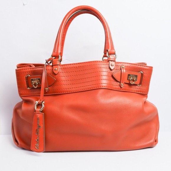Salvatore Ferragamo Handbags - Salvatore Ferragamo Terracotta Women Leather Buckled Tote Handbag Made Italy
